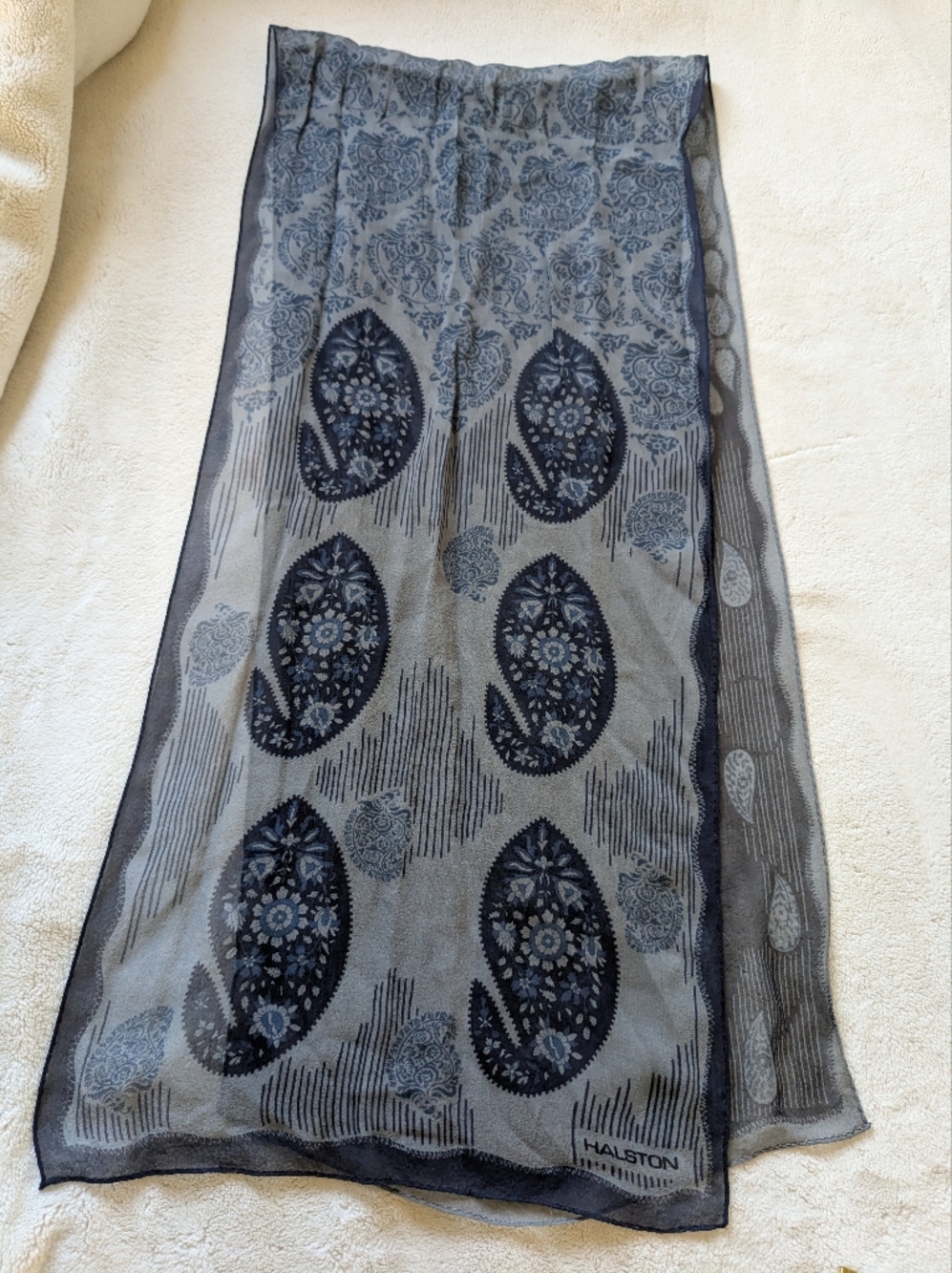 Halston 100% Silk Blue Paisley Oblong Rectangle Long Chiffon Korea Scarf